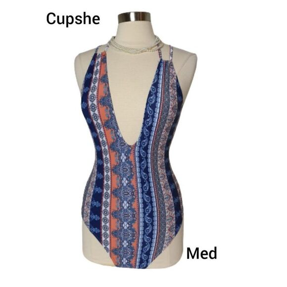 Women's Low Cut Sexy Swimsuit One Piece Plunge Cross Back Swimsuit M NWT - Picture 1 of 8